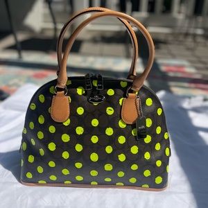 Coach dome purse, brown signature Coach with neon yellow dots